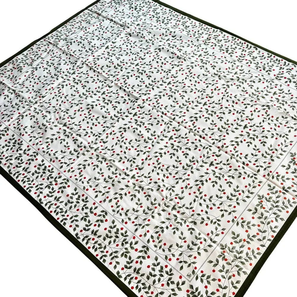 Christmas Tablecloth printed cotton mod green red white rectangle holly berries